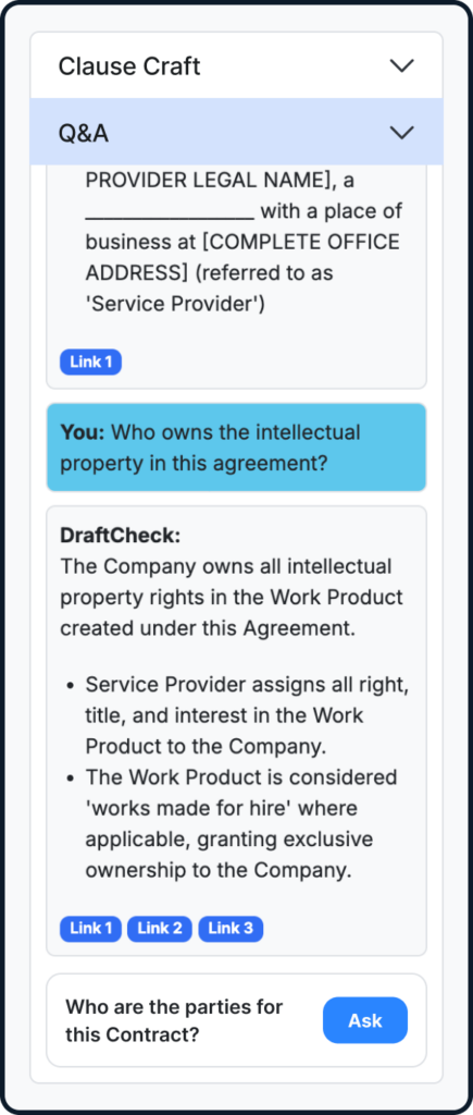 The DraftCheck interface simplifies contract analysis.
